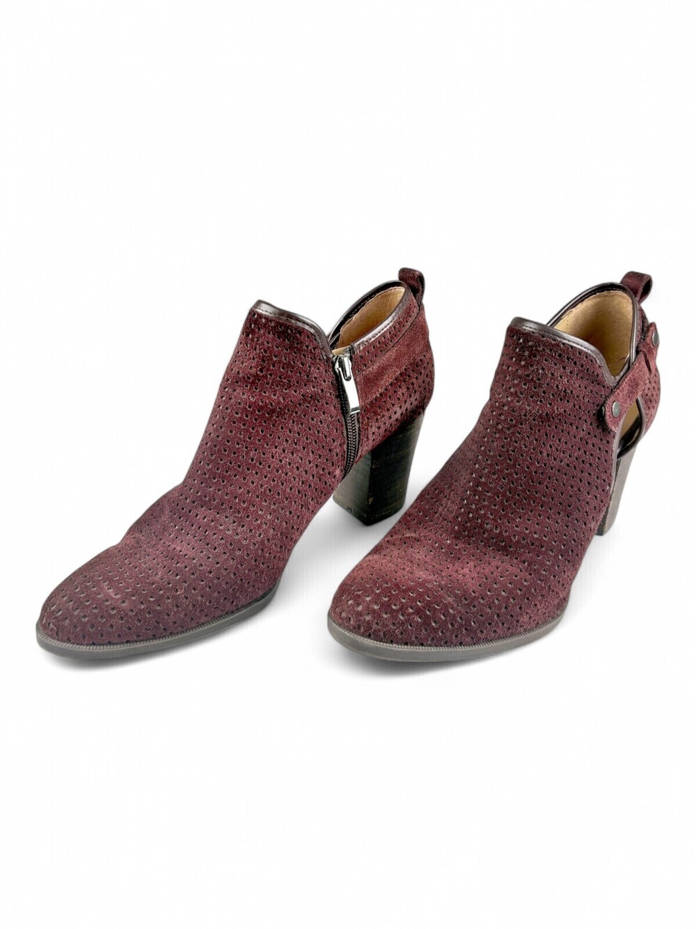 Franco Sarto Burgundy Perforated Suede Ankle Booties Heels 9